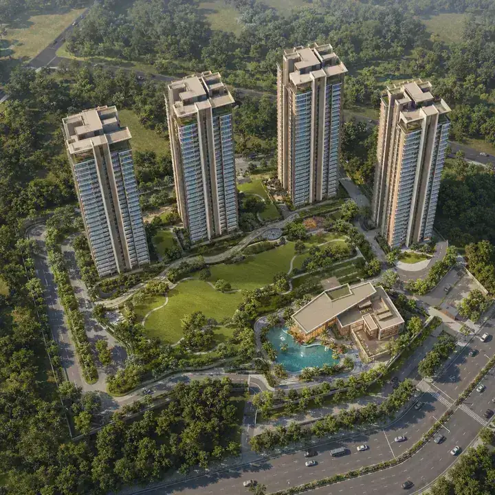 Prestige Windgate aerial view of the four-tower community on Thanisandra Main Road with around 80% open space