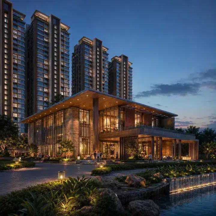 Prestige Windgate standalone clubhouse illuminated at dusk