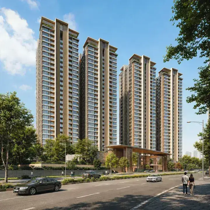 Prestige Windgate tower elevation seen from the Thanisandra Main Road approach