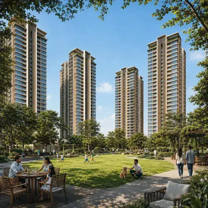 Prestige Windgate landscaped central green with breeze-harvesting tower spacing