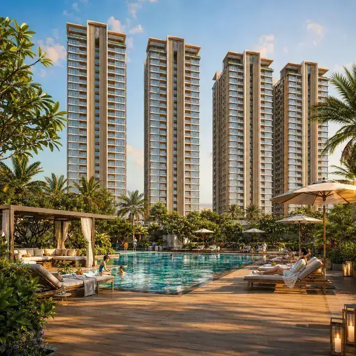 Prestige Windgate resort-style swimming pool deck with the towers behind