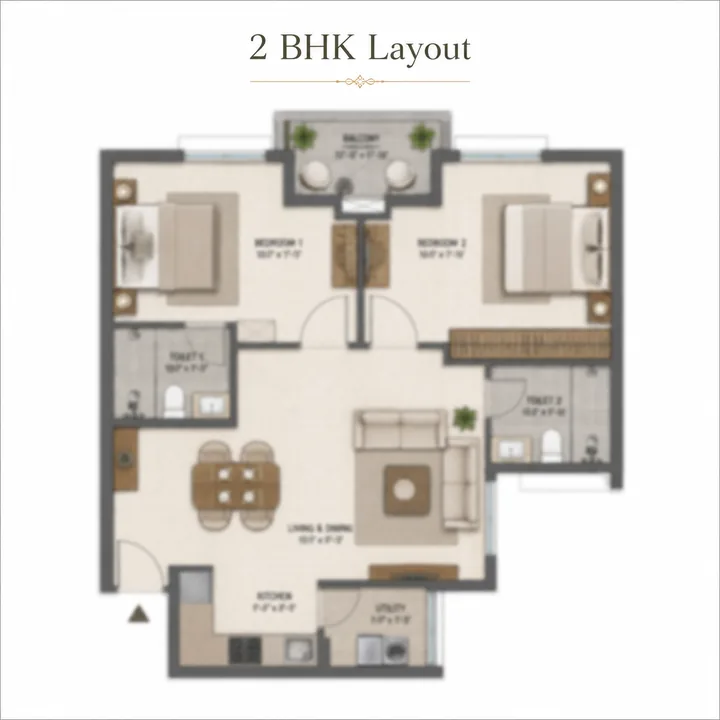 Prestige Windgate 2 BHK floor plan layout (about 850 sq ft)