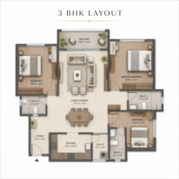 Prestige Windgate 3 BHK floor plan layout (about 1,250 sq ft)