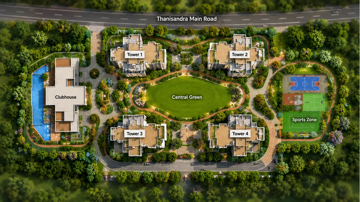 Prestige Windgate master plan site layout showing the four towers, clubhouse, central green and sports zone