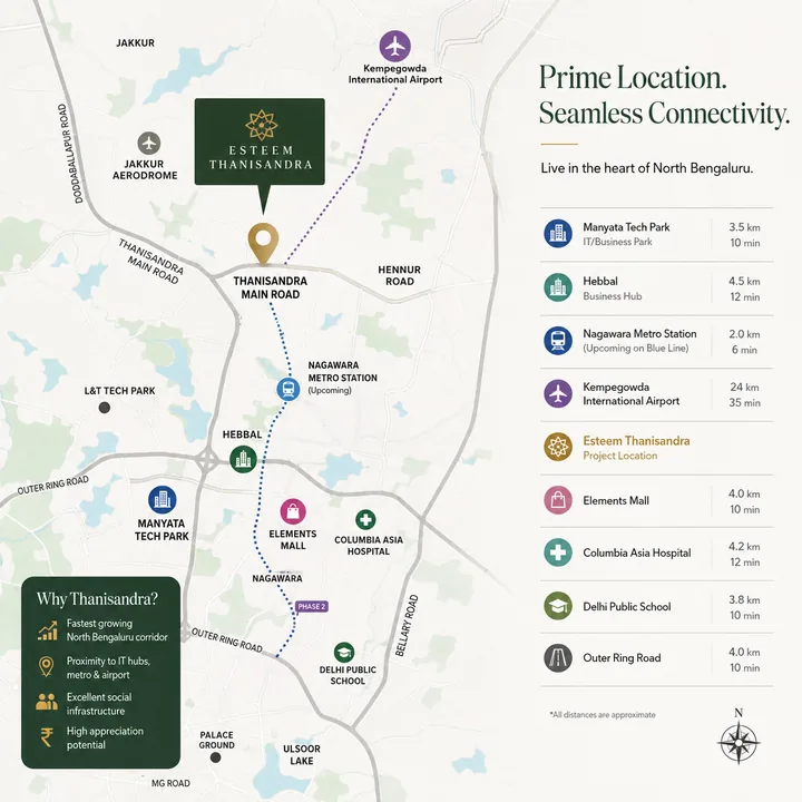 Prestige Windgate location map showing Thanisandra Main Road, Manyata Tech Park, Hebbal and Kempegowda International Airport